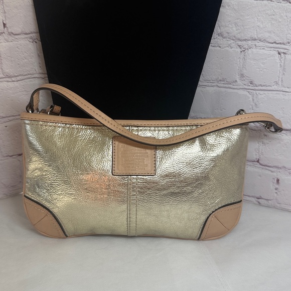Coach Metallic Pouchette Small Shoulder Bag Wristlet Tan Leather Trim - Picture 15 of 16
